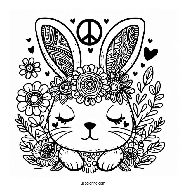 Hippie Rabbit Coloring Page With Peace Banner On Top
