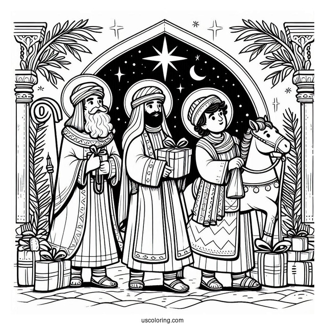 Nativity Coloring Page Of The Three Wise Men Carrying Gifts