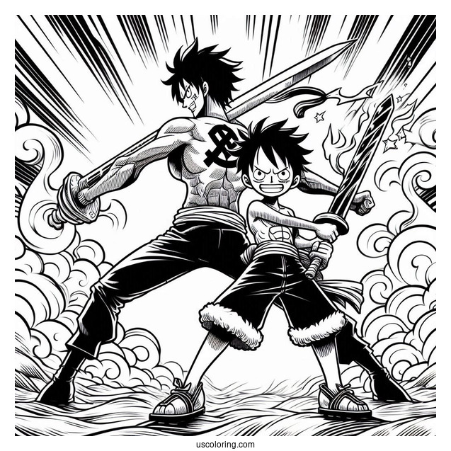 Luffy Coloring Page Fighting Back-To-Back With Ace