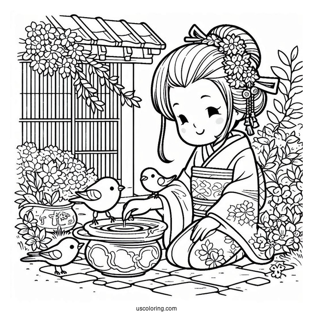 Nezuko Coloring Page Caring For Bird In Japanese Garden