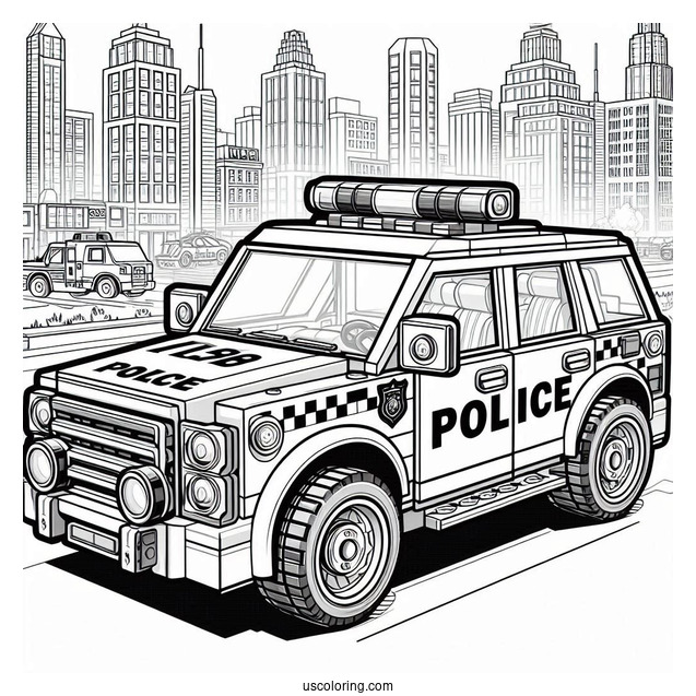 Detailed Lego Police Car Coloring Page Parked In The City