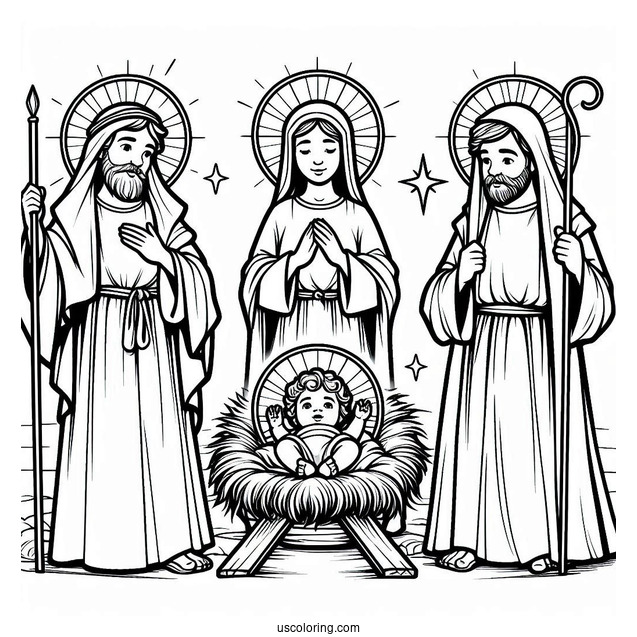 Nativity Coloring Page Of Joseph, Mary, And Jesus With Haloes