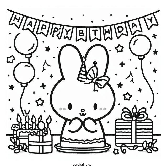 Miffy Coloring Page Celebrating Birthday With Streamer And Cake For Kids