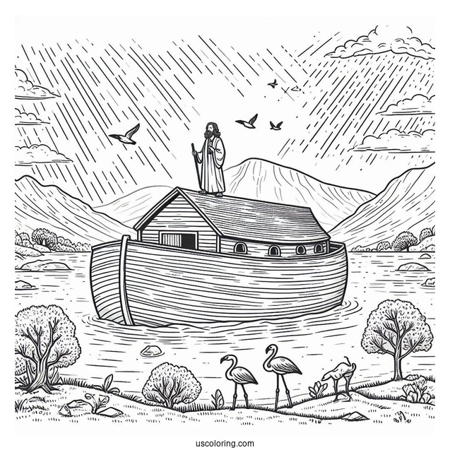 Noah's Ark Coloring Page Of Standing On Top Of Ark After The Flood