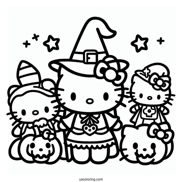 Sanrio Coloring Pages Of Hello Kitty, Dear Daniel, And Friends In Halloween Costumes