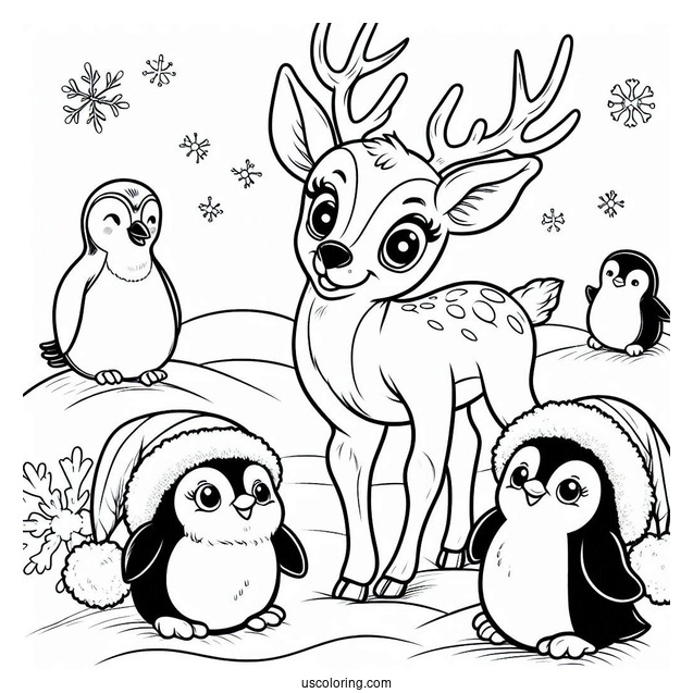 Reindeer Having Fun With Penguins To Color