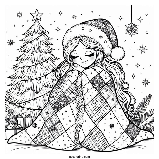 Christmas Coloring Pages For Adults Of Cartoon Woman Wrapped In Quilt In Front Of Christmas Tree