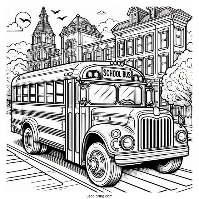 Classic School Bus Coloring Page in Front of A Building