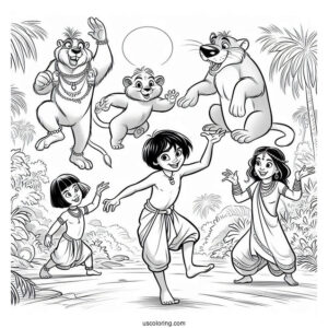 Jungle Book Coloring Page Of Mowgli Dancing With Shanti, Ranjan, Baloo, King Louie, And Kaa
