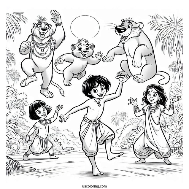Jungle Book Coloring Page Of Mowgli Dancing With Shanti, Ranjan, Baloo, King Louie, And Kaa