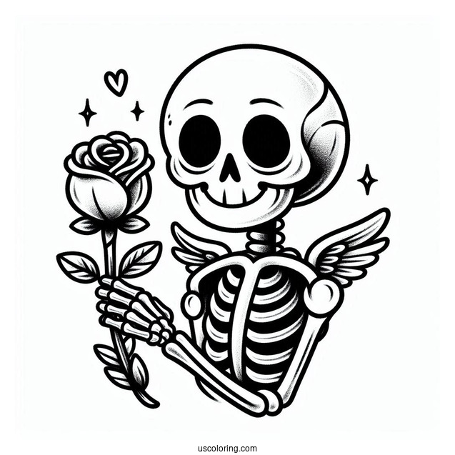 Happy Skeleton Coloring Page Holding Rose