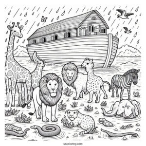 Noah's Ark Coloring Page Of Detailed Giraffe, Hippo, Snake, Lion, And Other Animals At Sea