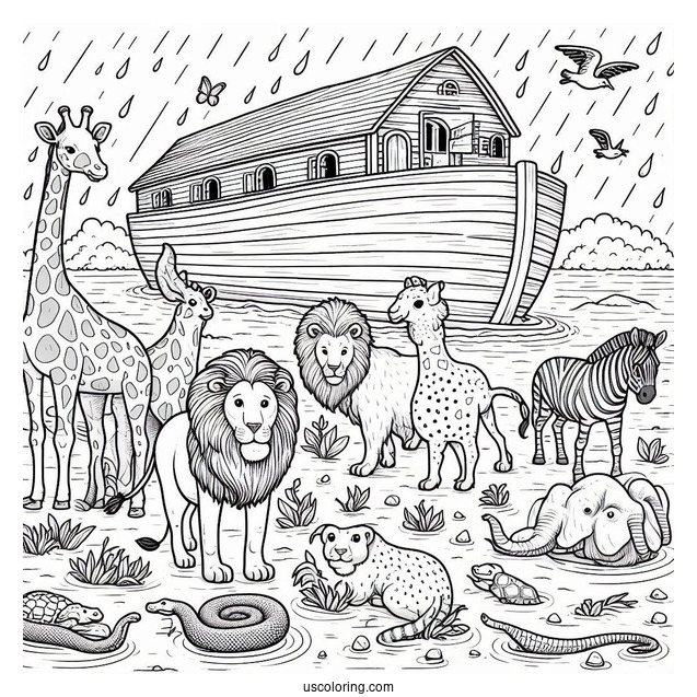 Noah's Ark Coloring Page Of Detailed Giraffe, Hippo, Snake, Lion, And Other Animals At Sea