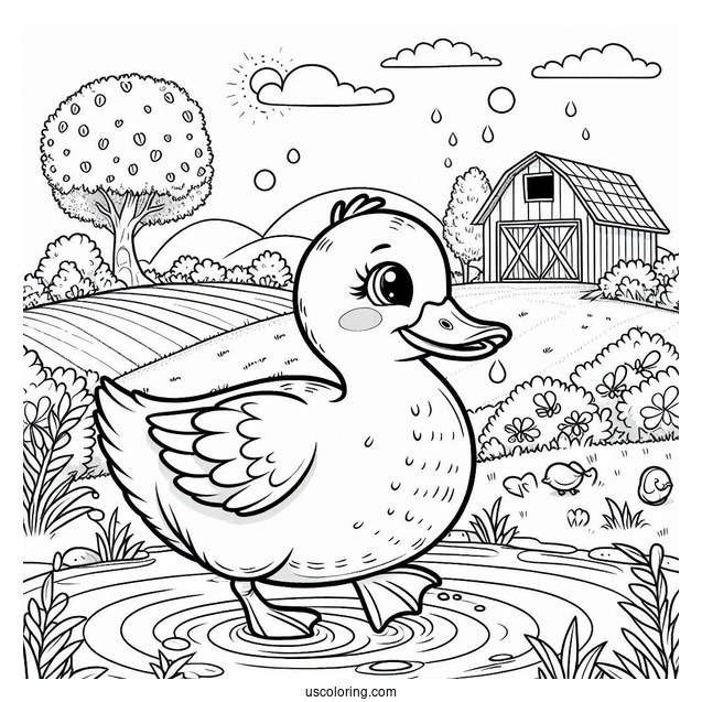 Duck Going To Pond On Farm To Color