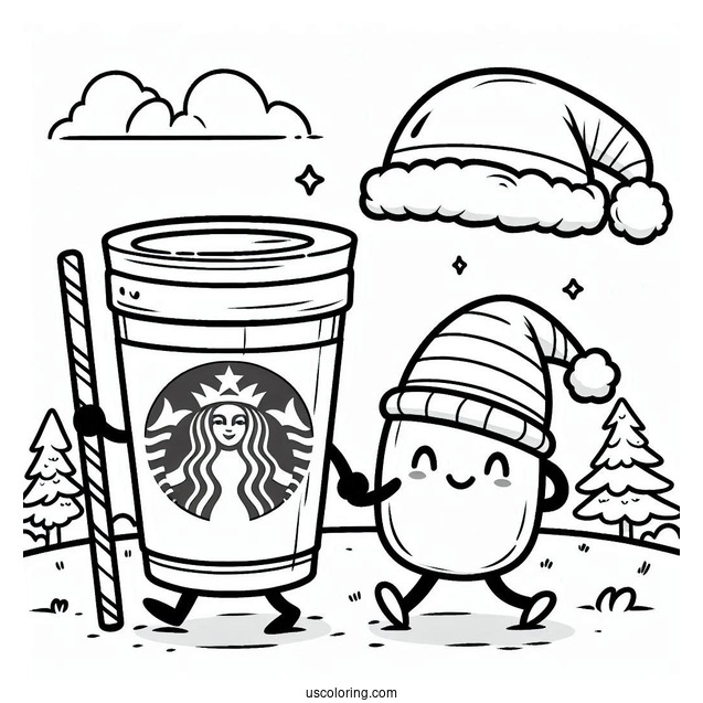 Cartoon Starbucks Coloring Page Cup Strolling In The Park With A Santa Hat