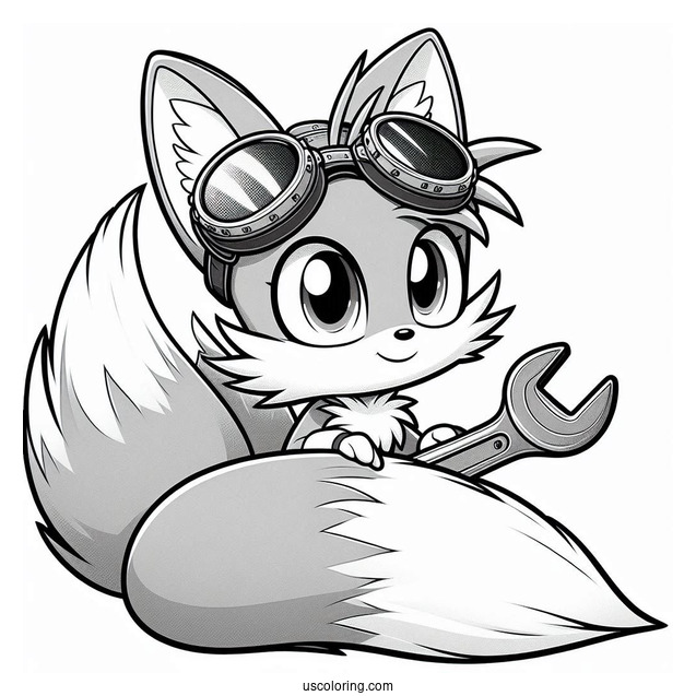 Detailed Tails Coloring Page With Goggles and Wrench