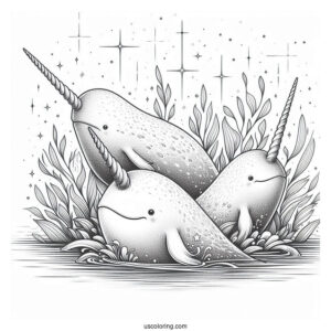 Three Realistic Narwhal Coloring Page Whales Emerging From Water