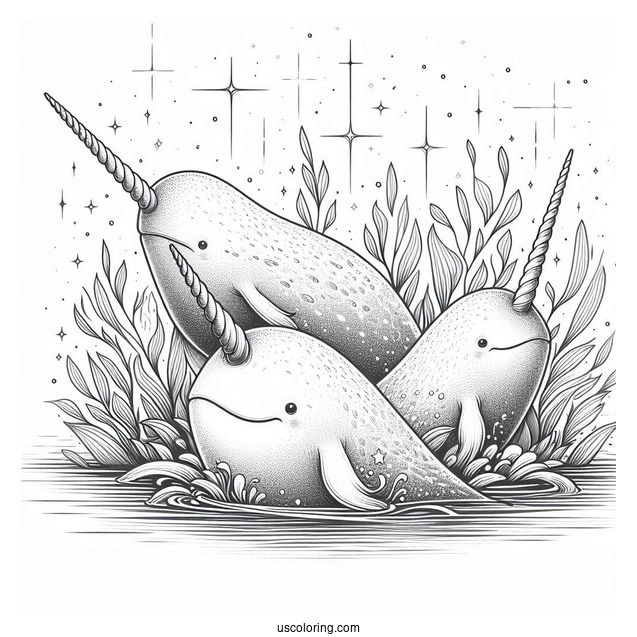 Three Realistic Narwhal Coloring Page Whales Emerging From Water