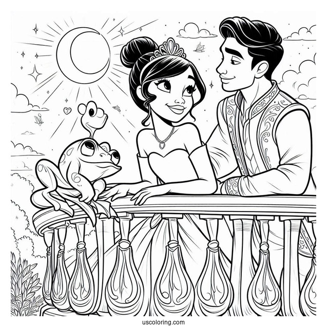 Tiana, Ray, And Frog Prince Naveen On Balcony Coloring In