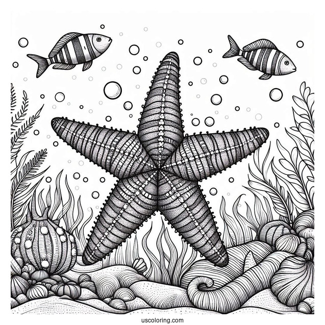 Realistic Starfish Coloring Page On Seafloor With Fishes
