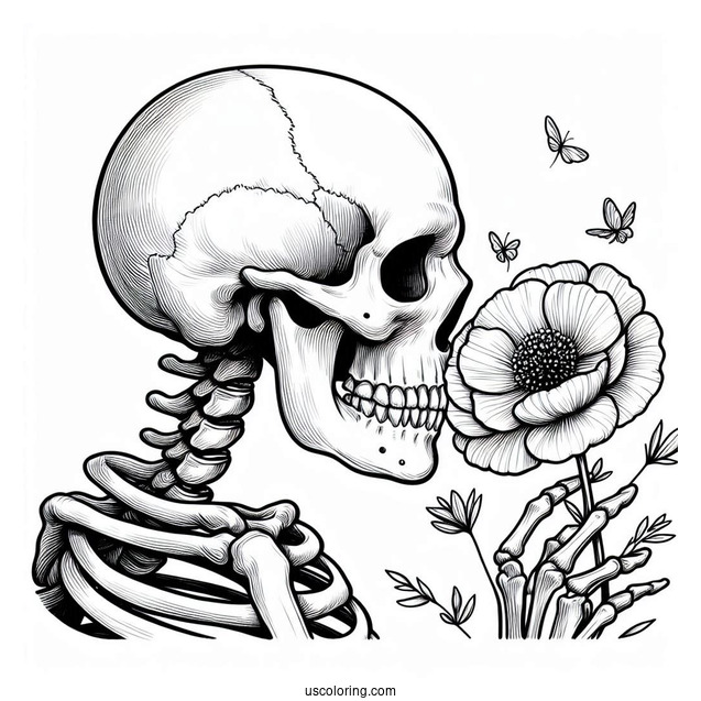 Realistic Skeleton Coloring Page Sniffing Flower