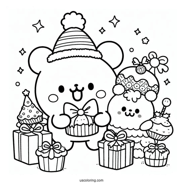 Pompompurin And Scone Holding Christmas Presents Coloring Page