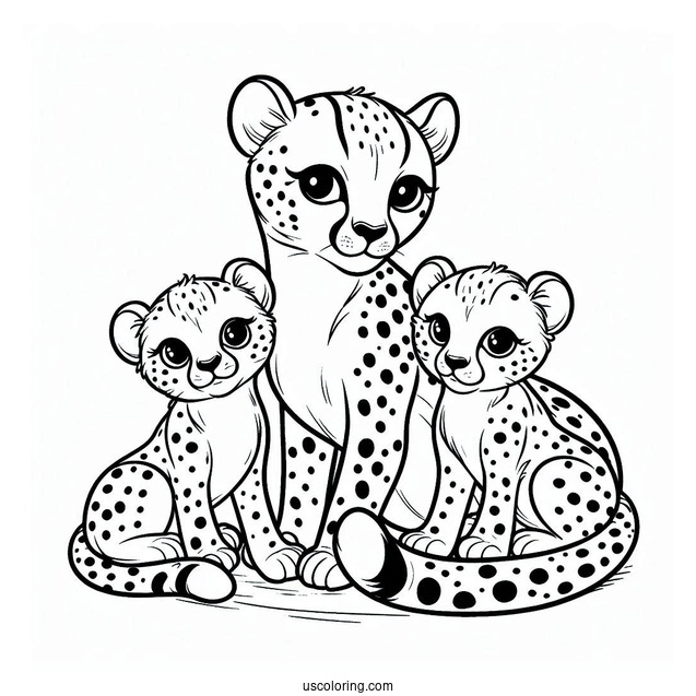 Mama Cheetah Coloring Page With Her Babies