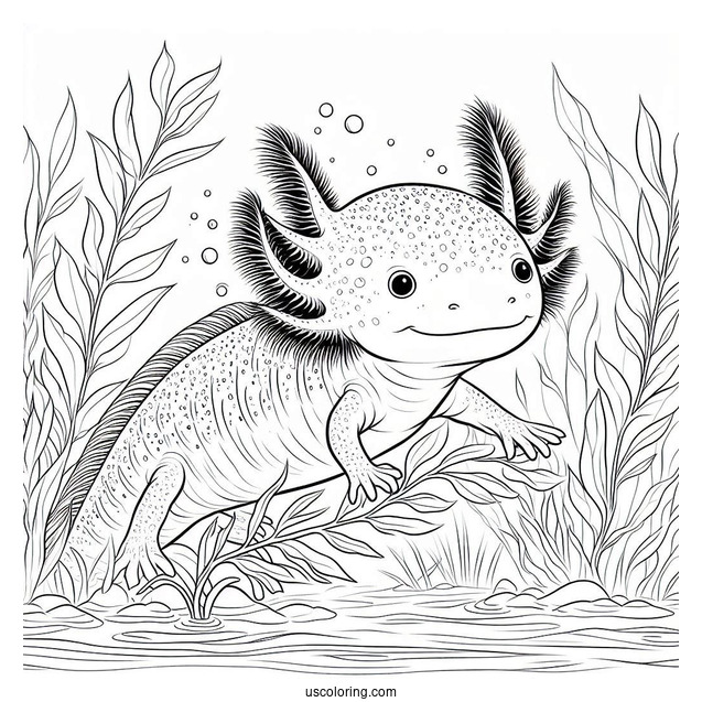 Adult Axolotl Coloring Page Wading Through Seaweed