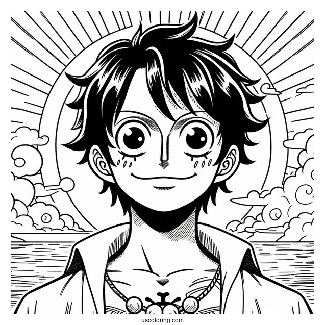 One Piece Coloring Page Of Portgas D. Ace In Front Of Sun