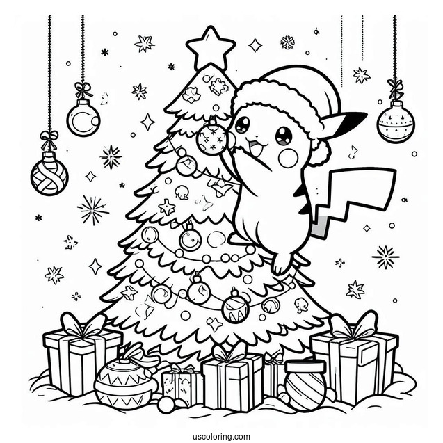 Pokemon Christmas Coloring Page Pikachu On Top Of A Christmas Tree With Pokemon Ornaments