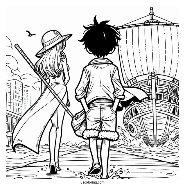 One Piece Coloring Page Of Simple Luffy Walking On Port For Kids