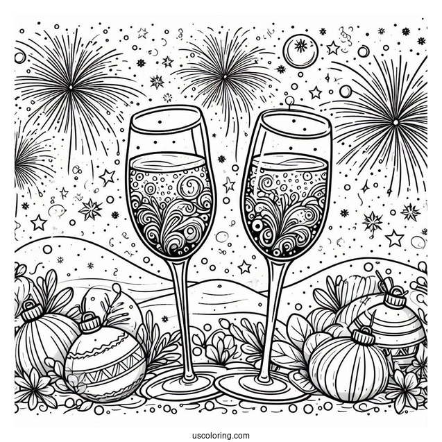 New Year Coloring Page Of Bubbly Wineglasses With Fireworks In The Background