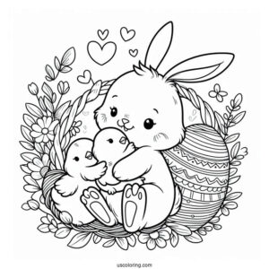 Easter Coloring Page Of Bunny Holding Chicks