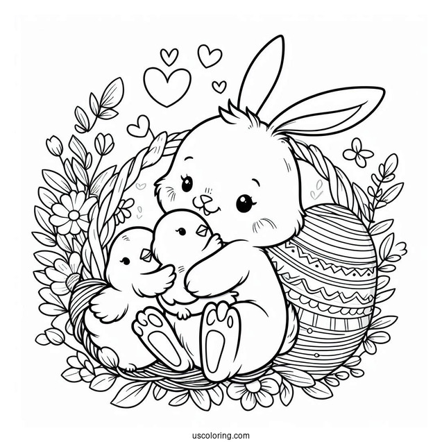 Easter Coloring Page Of Bunny Holding Chicks