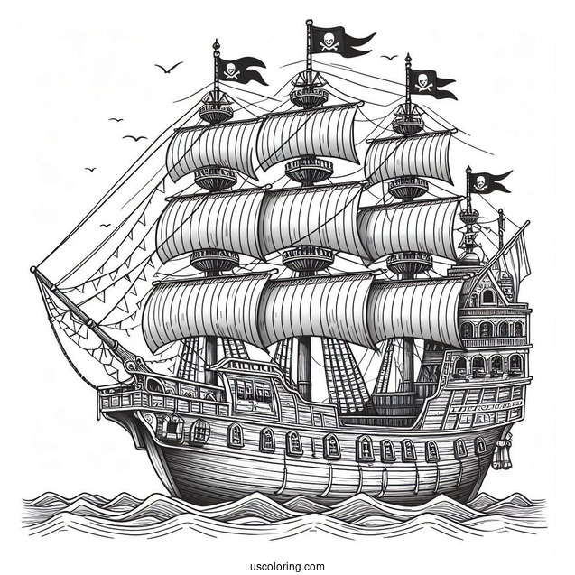 Front View Of A Realistic Pirate Ship Coloring Page