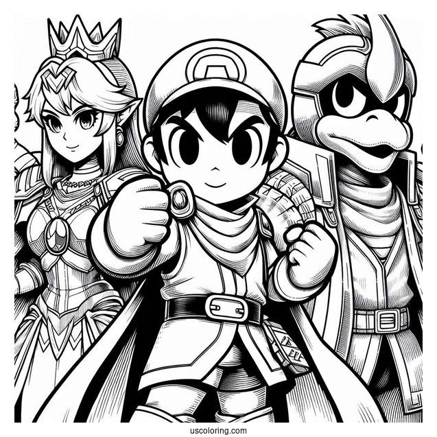 Super Smash Bros Coloring Page Of Captain Falcon, Lucina, Villager, Richter, King Dedede
