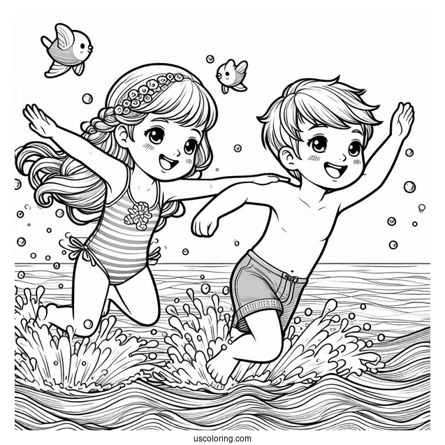 Realistic Little Boy And Girl Swimming Coloring Page