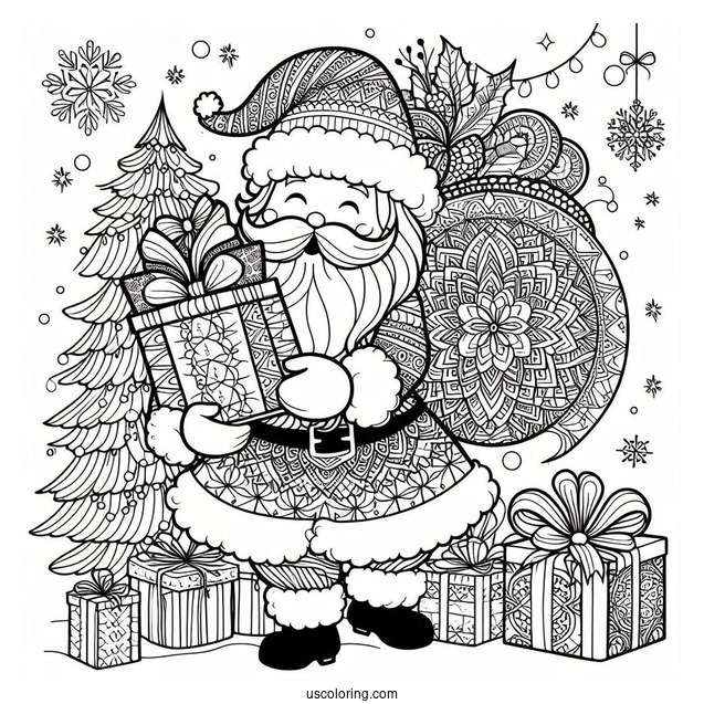 Santa Claus Carrying Presents Christmas Mandala Coloring Page For Kids
