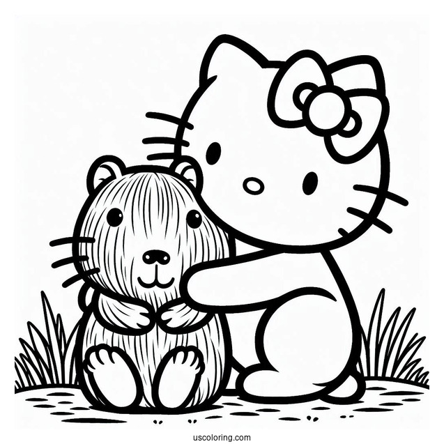 Hello Kitty Hugging A Capybara Coloring Page For Kids