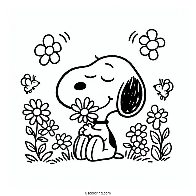 Smiling Snoopy With Flowers Coloring Picture