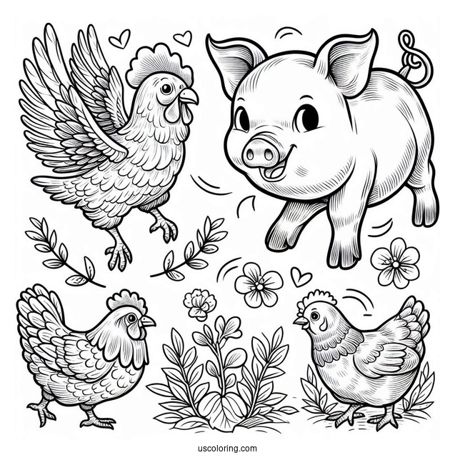Detailed Pig And Chicken Coloring Sheet