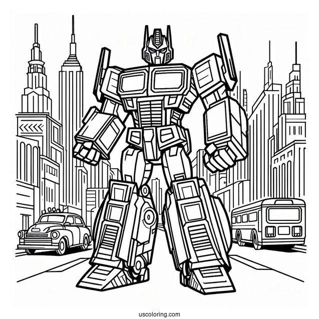 Cartoon Optimus Prime Coloring Page In The City