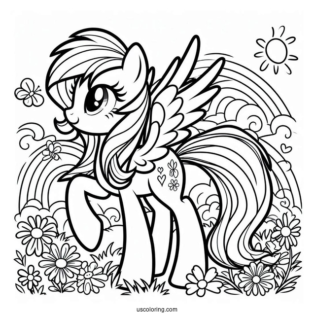 Rainbow Dash Standing On A Flower Field With Rarity Coloring Page