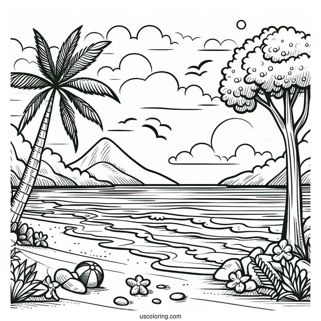 Easy Beach Coloring Page Shore With Trees