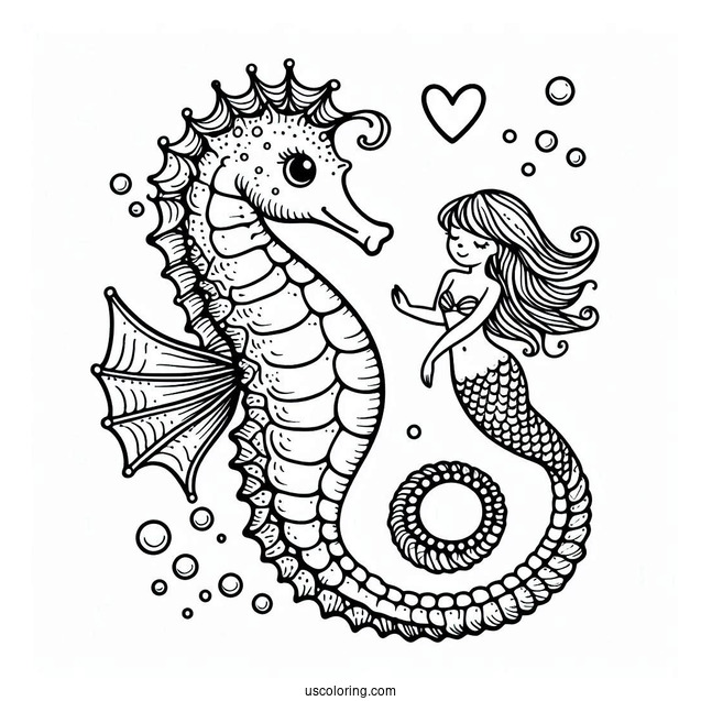 Seahorse And Mermaid With Love Heart To Color