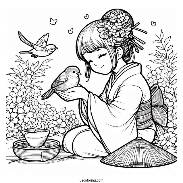 Nezuko Coloring Page Caring For Bird In Japanese Garden