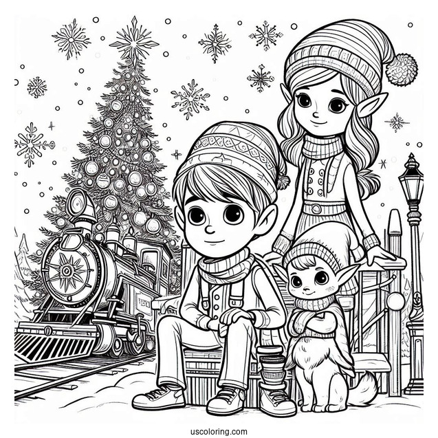 Polar Express Coloring Page Of Hero Boy, Hero Girl, And Lonely Boy With The Elves Around A Christmas Tree