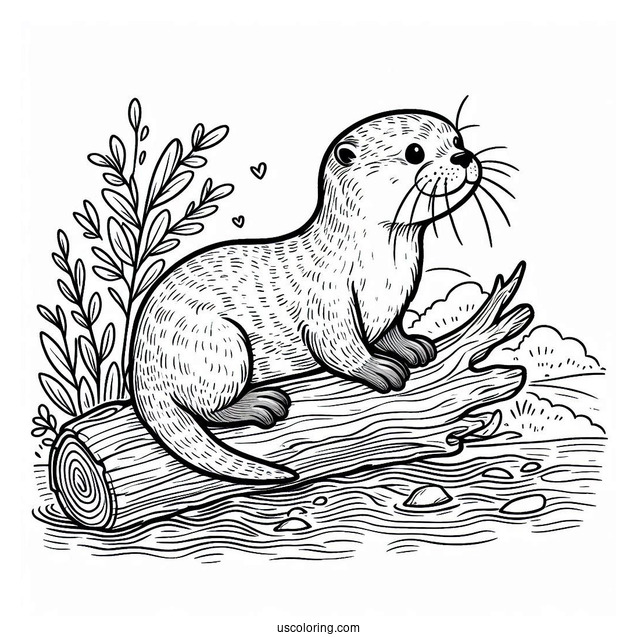 Otter Coloring Page Floating On Log
