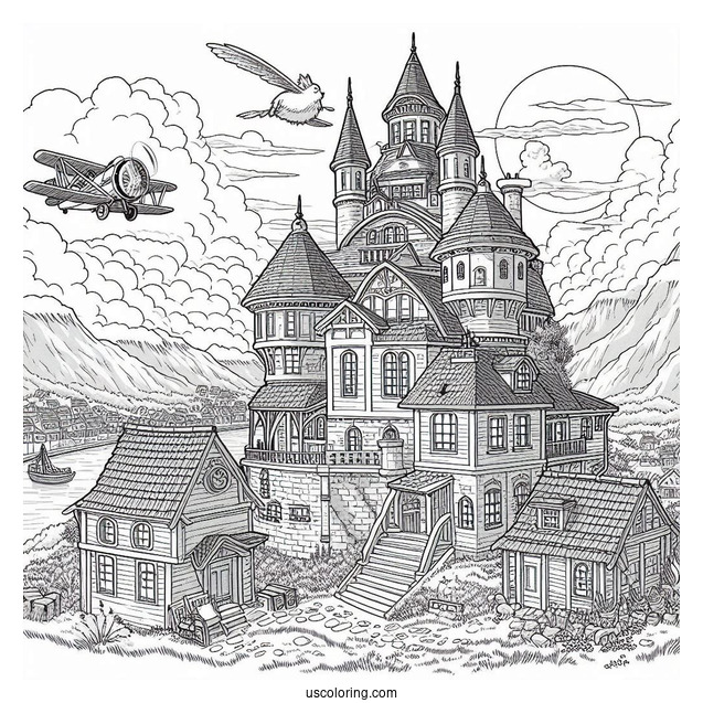 Studio Ghibli Coloring Page of Detailed Howl s Moving Castle