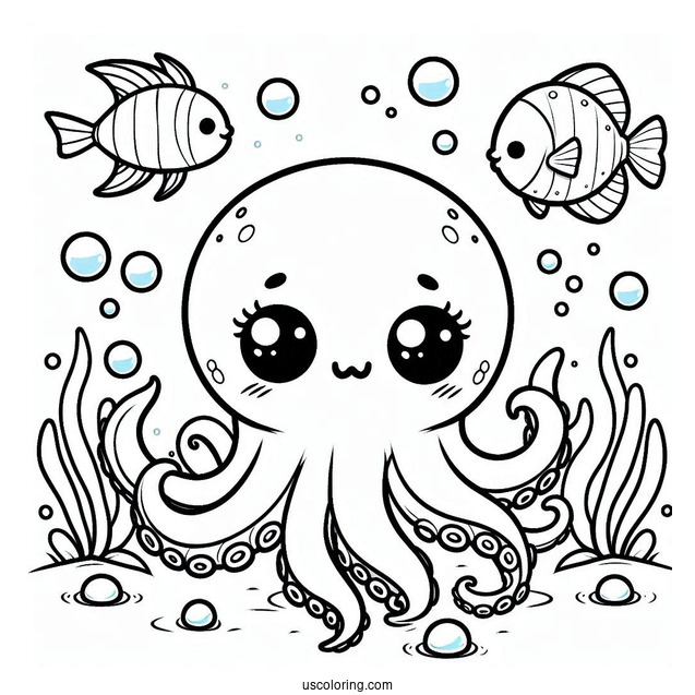 Chibi Octopus Coloring Page Swimming With Fish